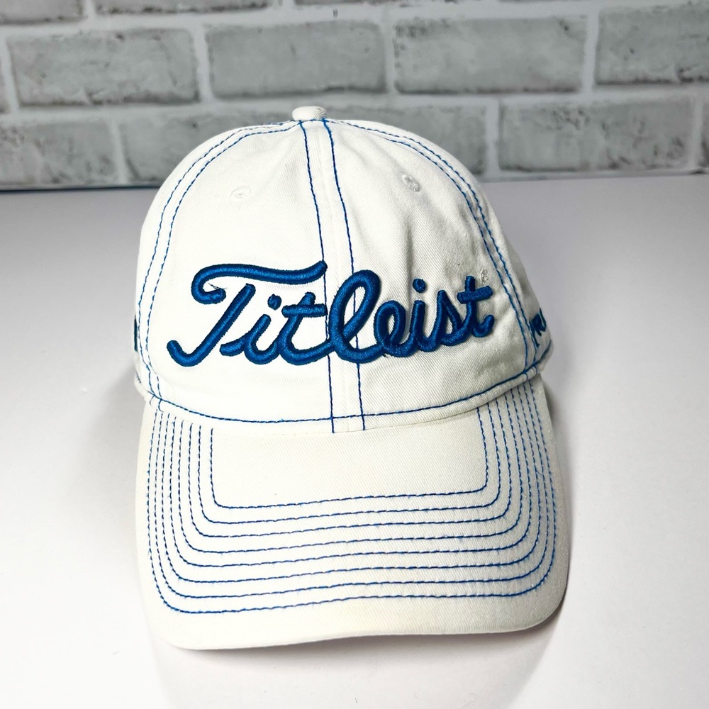 Titleist Golf Hat Cap Strapback White Blue Embroidered Adult Golfer Pro V1 FJ